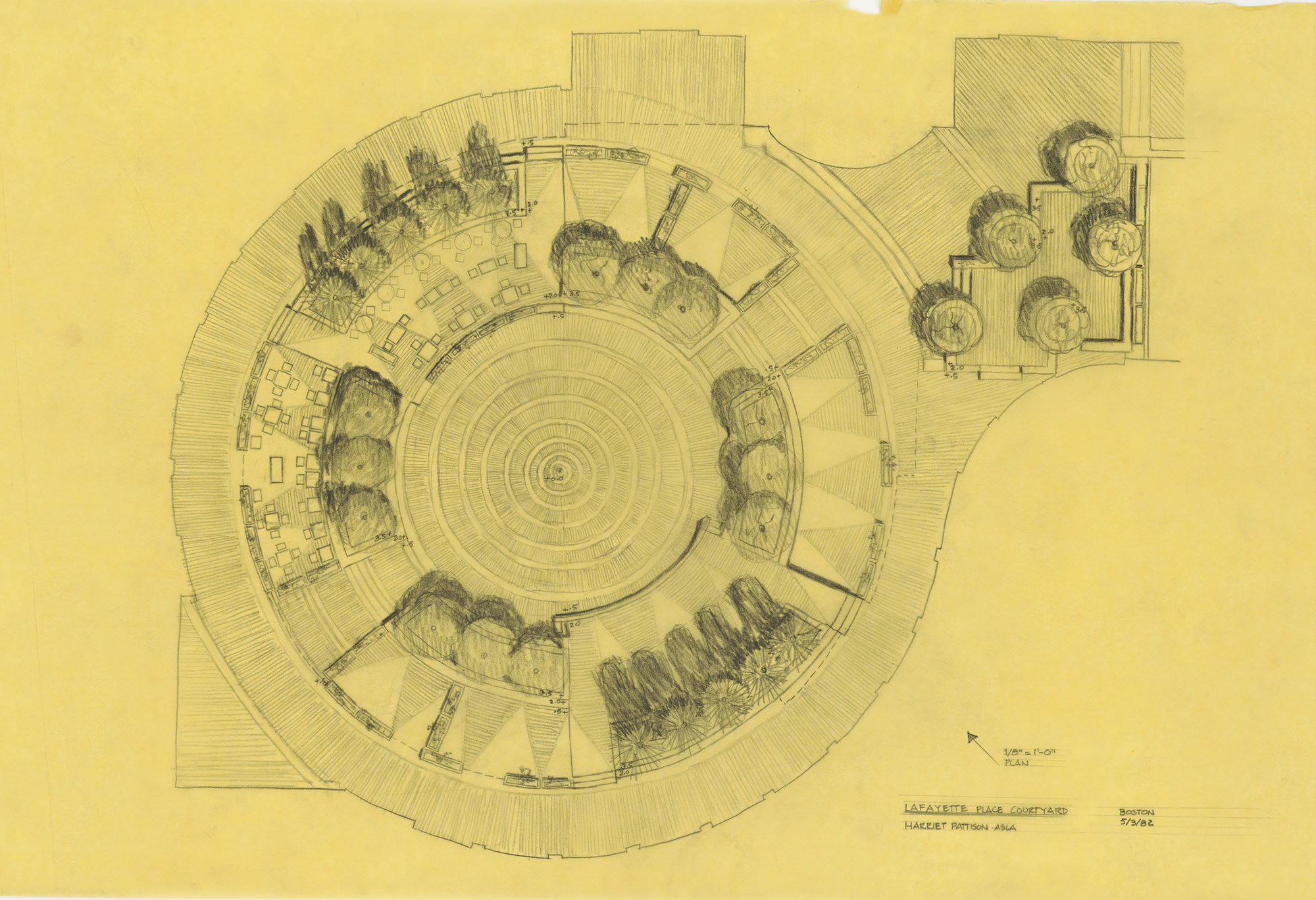 Ink on yellow trace paper landscape plan