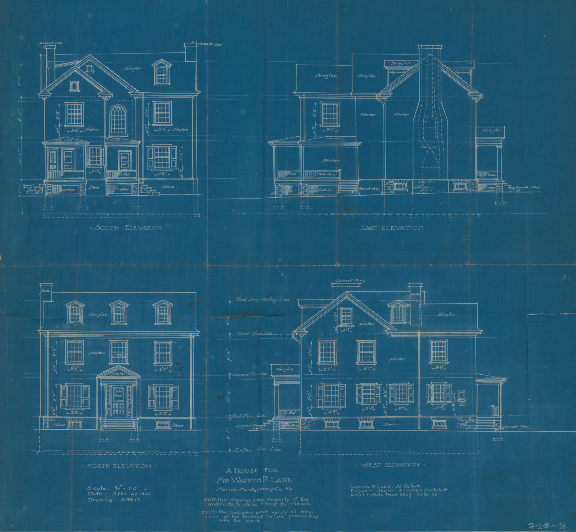 Blueprint with elevations for Warren Powers Laird house