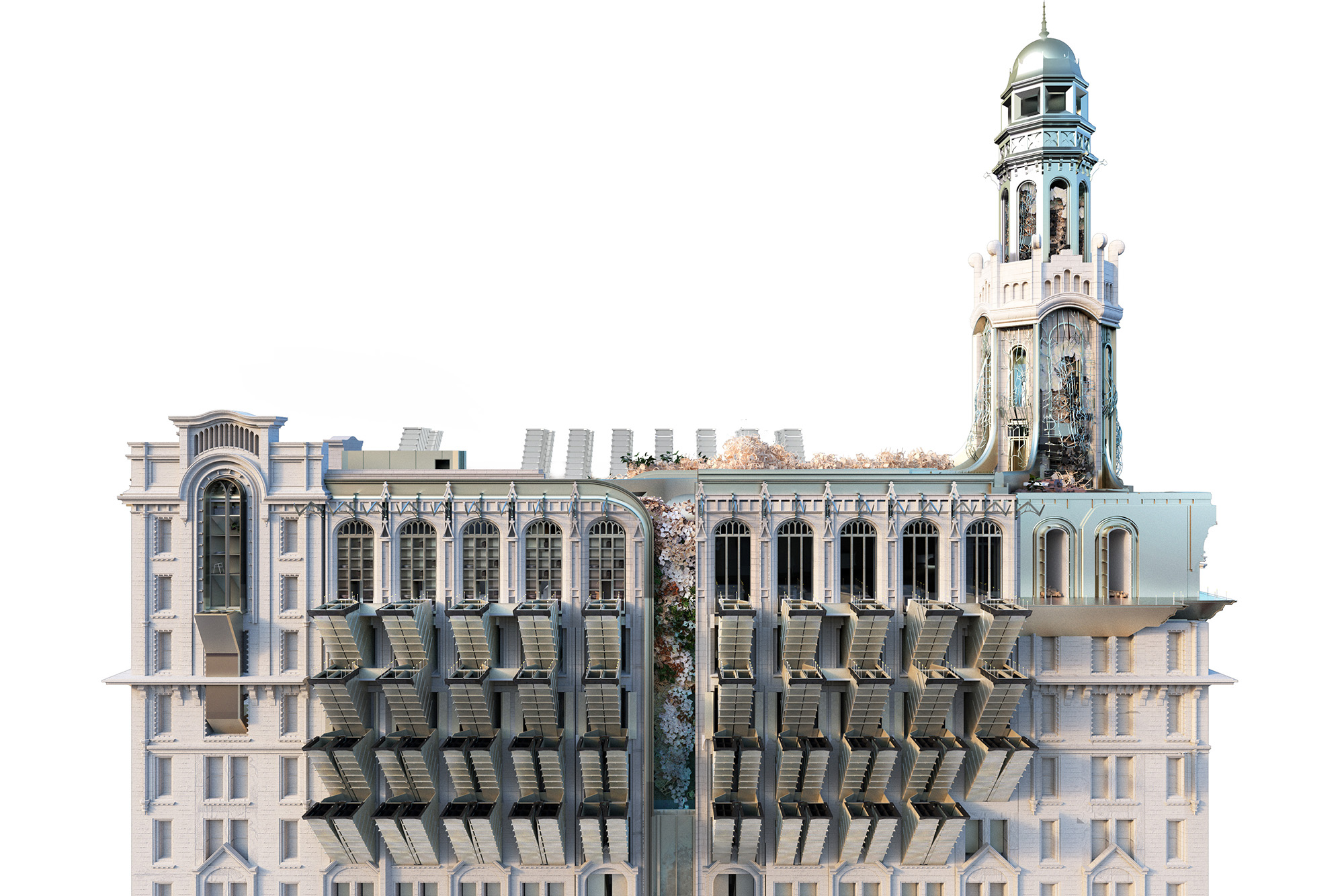 Rendering of an Art Deco building with new interventions
