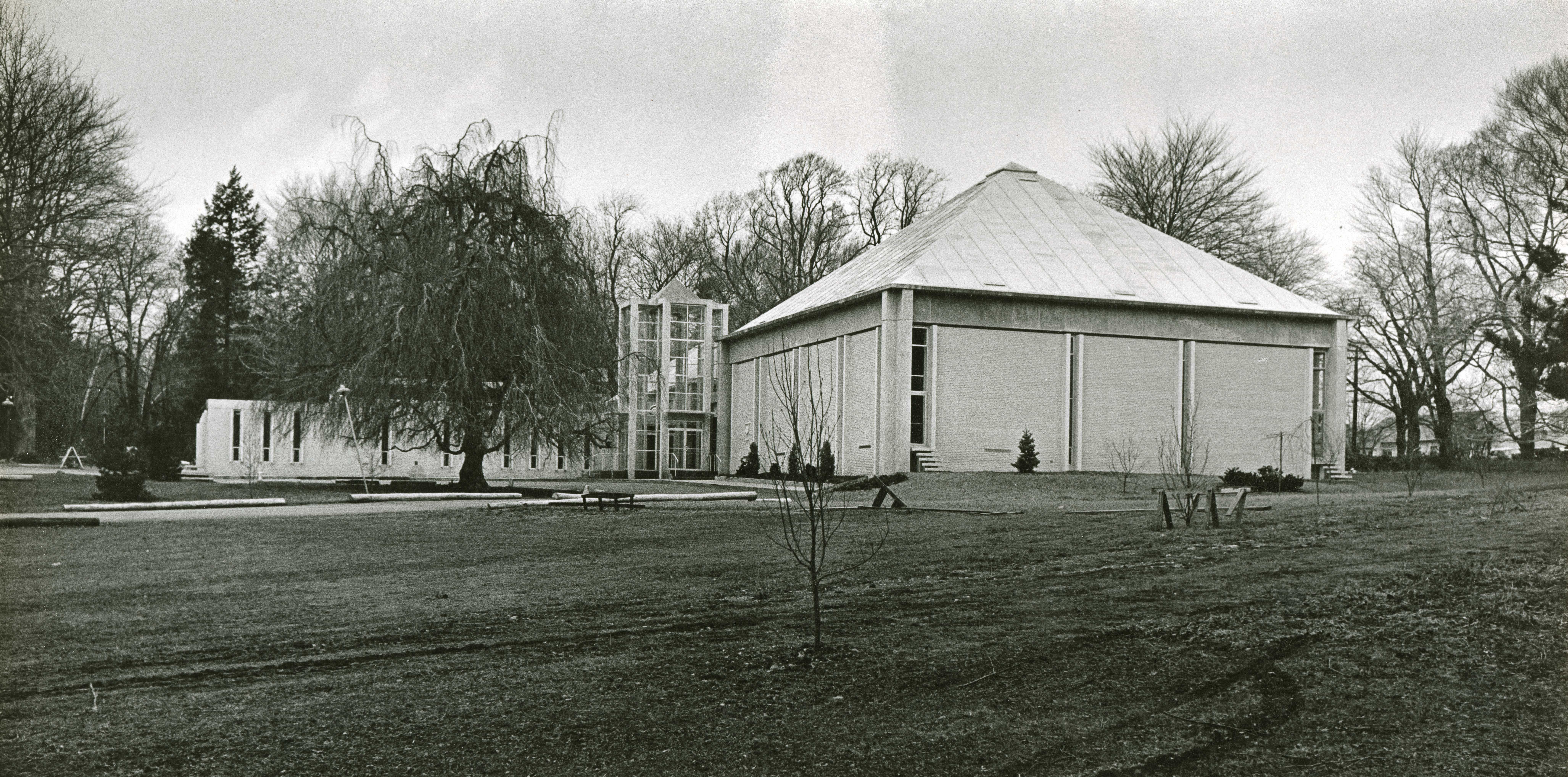Black and white photograph of tennis pavillion