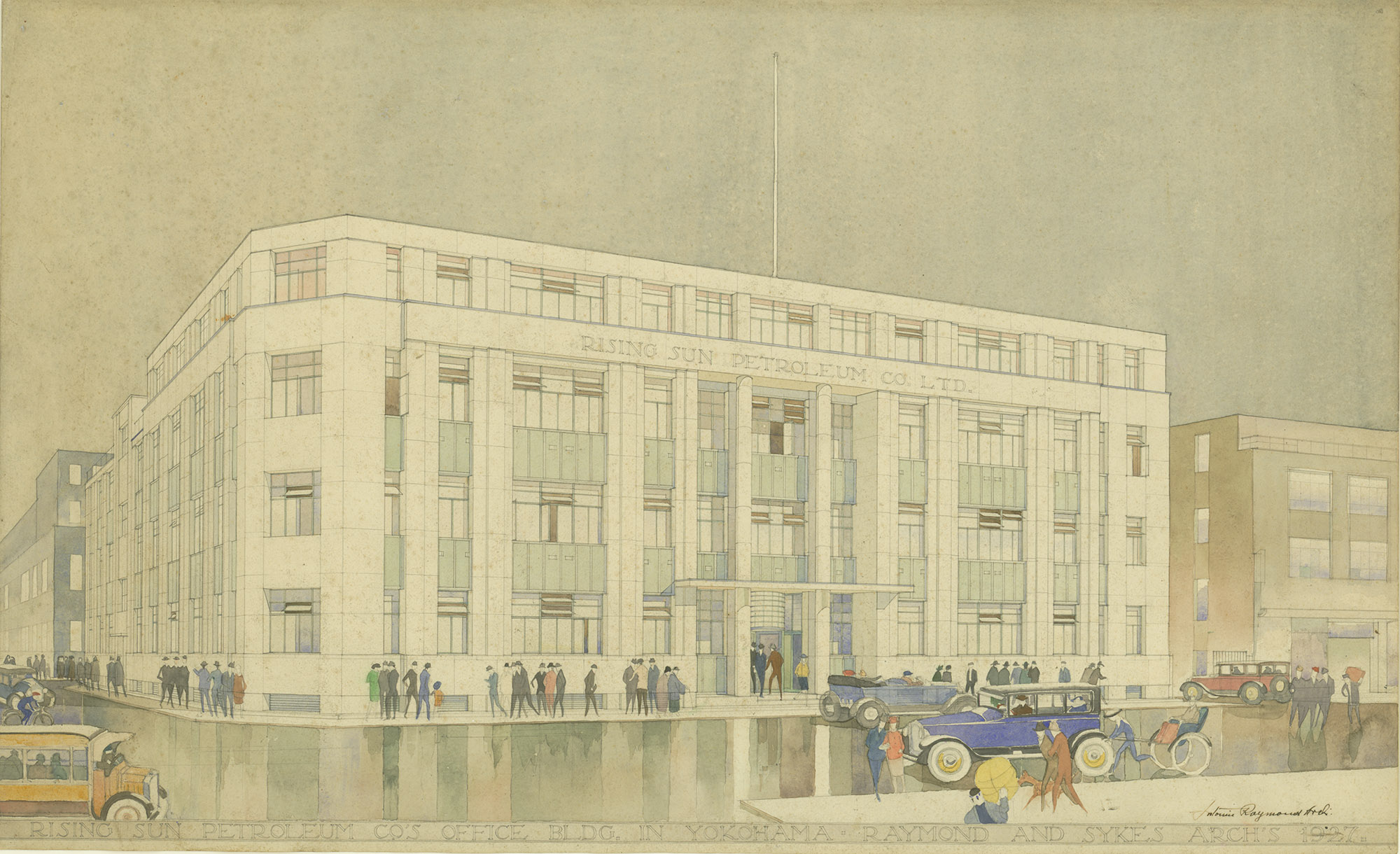 Warter color perspective drawing for the Rising Sun Building in Japan