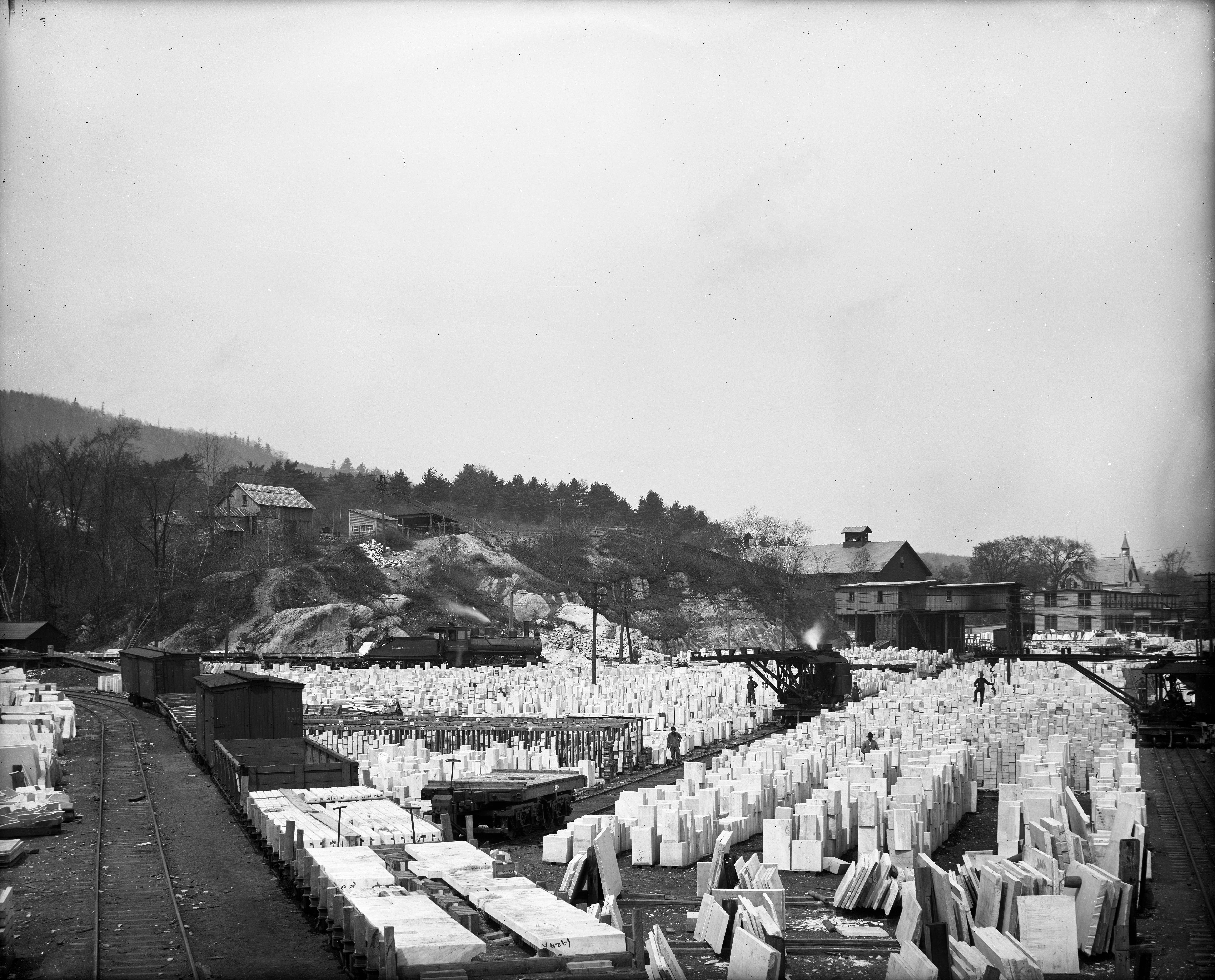 Black and wihte photo showing marble yard and mills