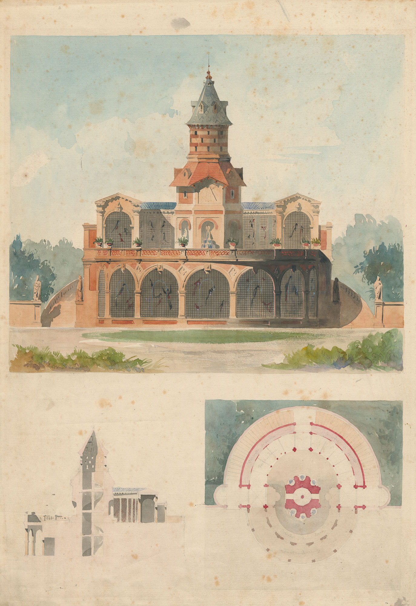 Watercolor presentation drawing and plans for monument to Louis Phillippe