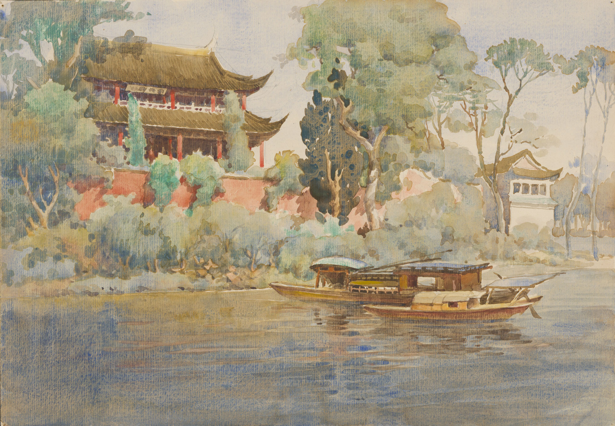 Watercolor of a boat on the water in front of Chinese style house