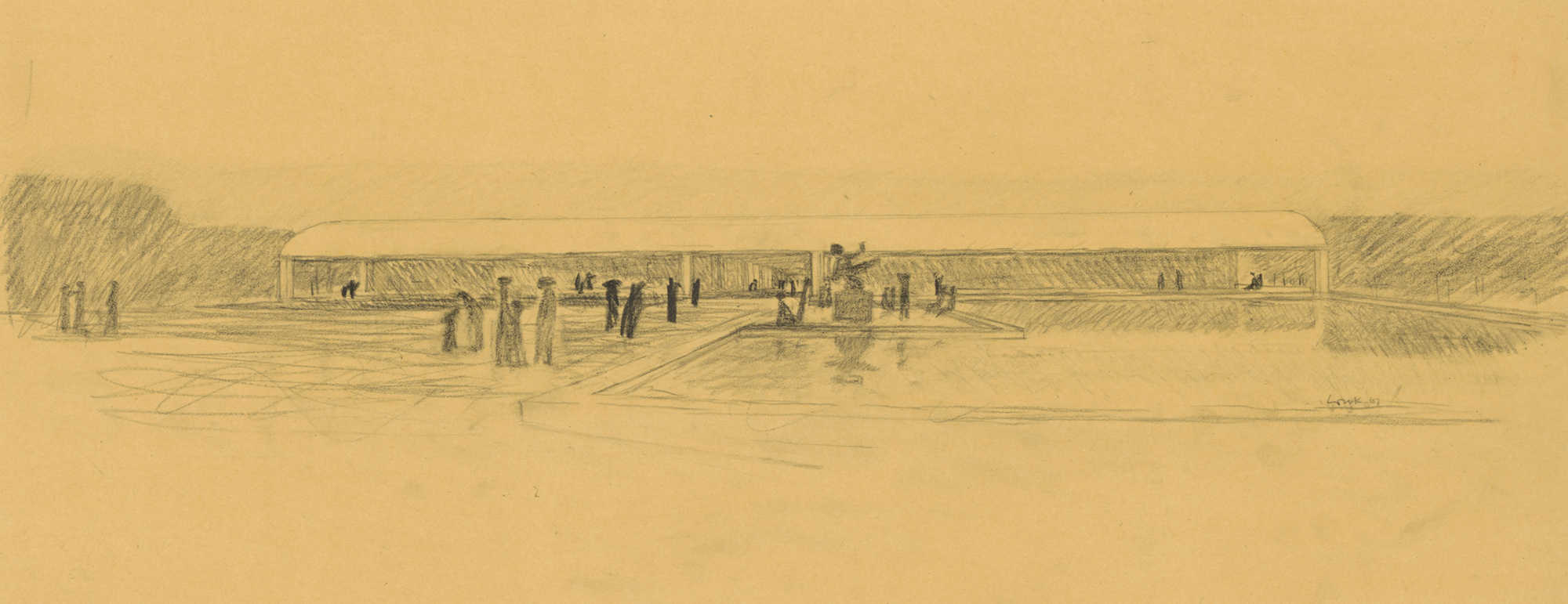 Pencil sketch of landscape at Kimbell Art Museum on yellow trace