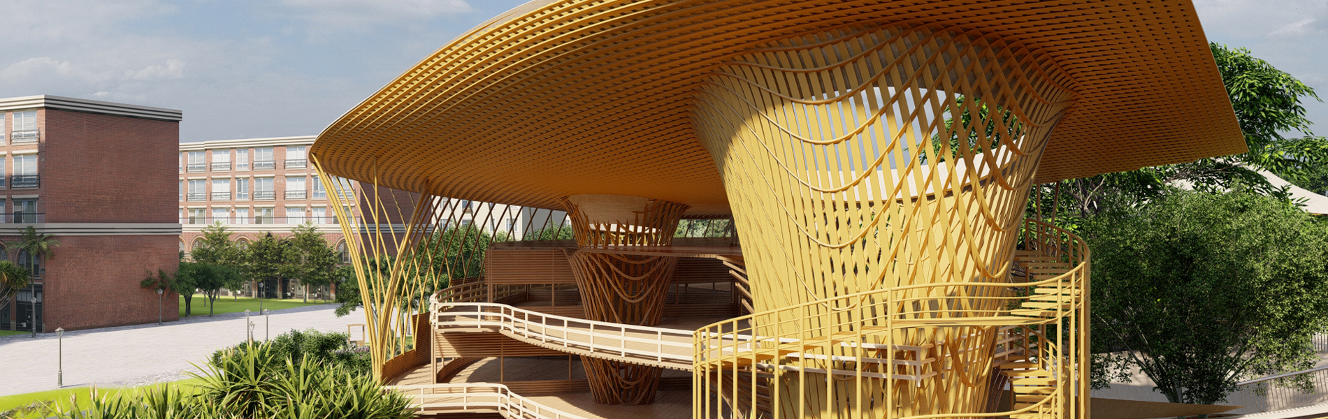 A lattice-like skin marries inverted funnel and canopy structures