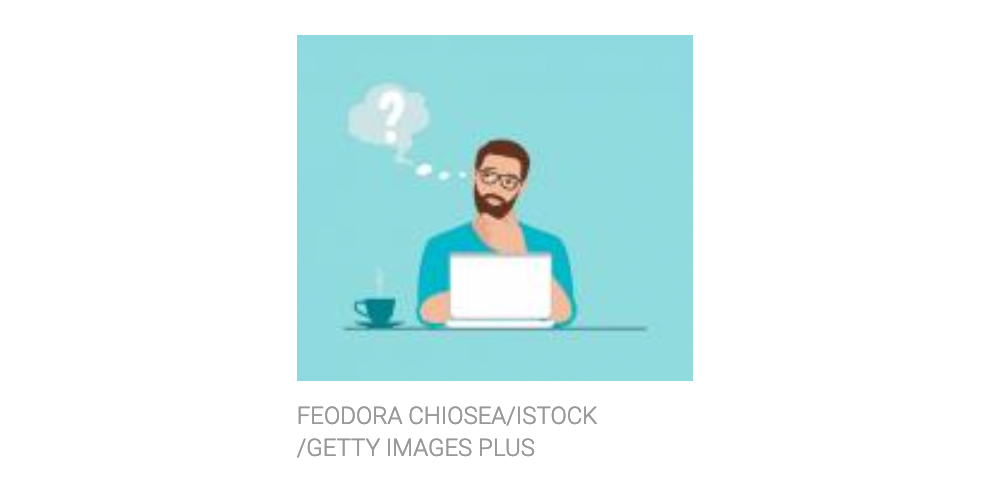 Illustration of a man thinking in fron tof an open laptop.