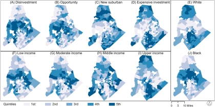Shares of listings classified into different housing classes mapped against the share of low through upper-income mortgage applicants and the share of White and Black applicants in 2016.
