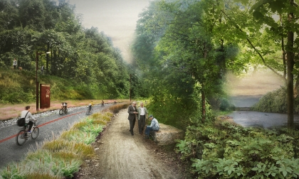 Rendering of a path with a walkway and a group of people sitting and talking
