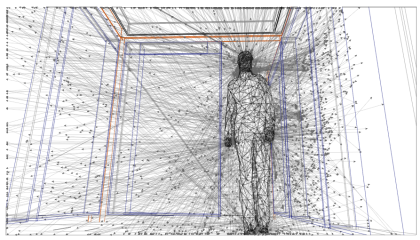 Segemented human body emitting rays in all direction, representing thermal radiation