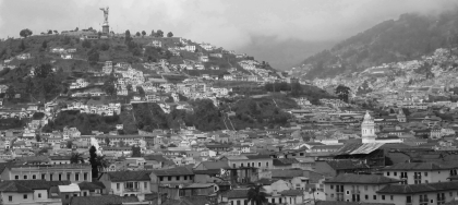 black and white mountainous urban landscape
