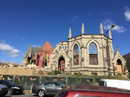  Partially destroyed church with fenced off region