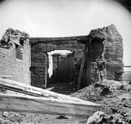 black and white photo of earthen architecture archaeological site