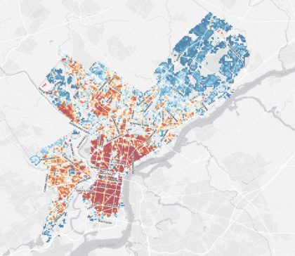 Map of Philadelphia where Center City showing concentrations of red high "Character score" areas