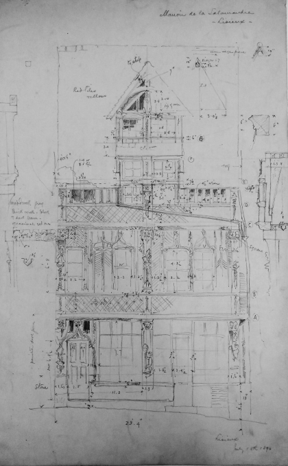 Blueprint sketch of two story house with balcony and widow's watch