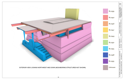 Color-coded rendering of Original Dining Room showing age of each architectural element