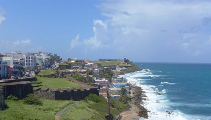 shoreline with old fortress-style buildings