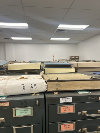 View of the stacks of cabinets with microfilm at the Philadelphia City Archives. 