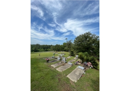 Grave markers in historic parish cemetery terracing down back hill of property looking west.