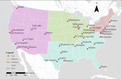 Map of 34 major U.S. cities’ geospatial distribution in four geographical zones
