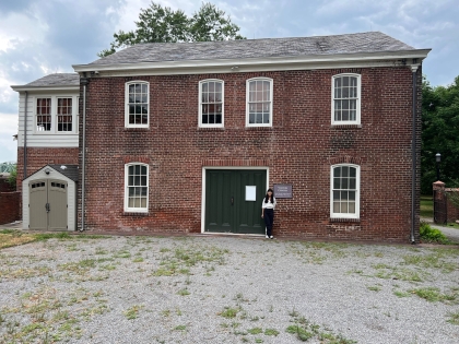 The entrance and east facade of the visitor center of the 1719 William Trent House Museum.