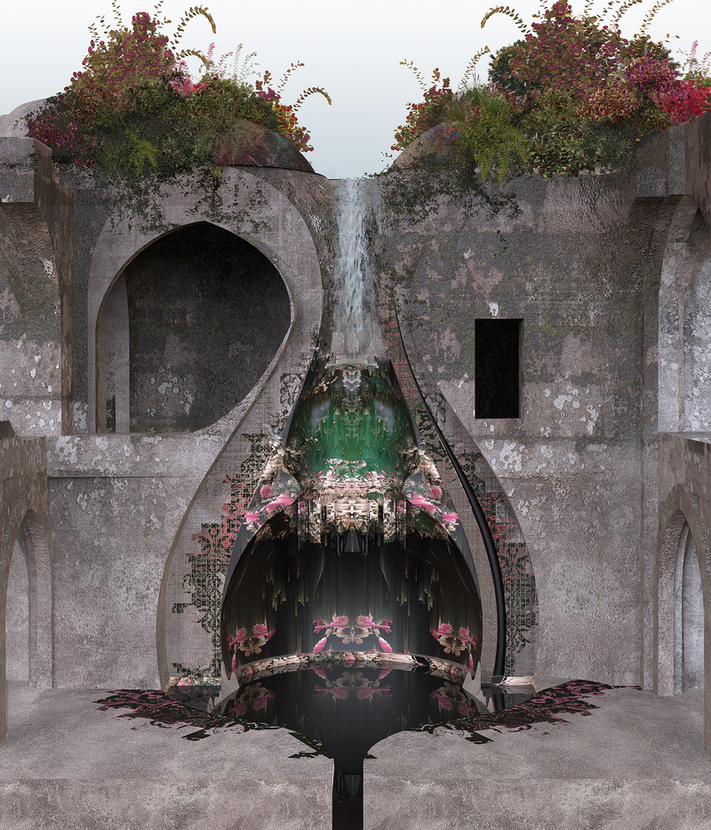 Water channeled from roof garden into bulging interior garden.