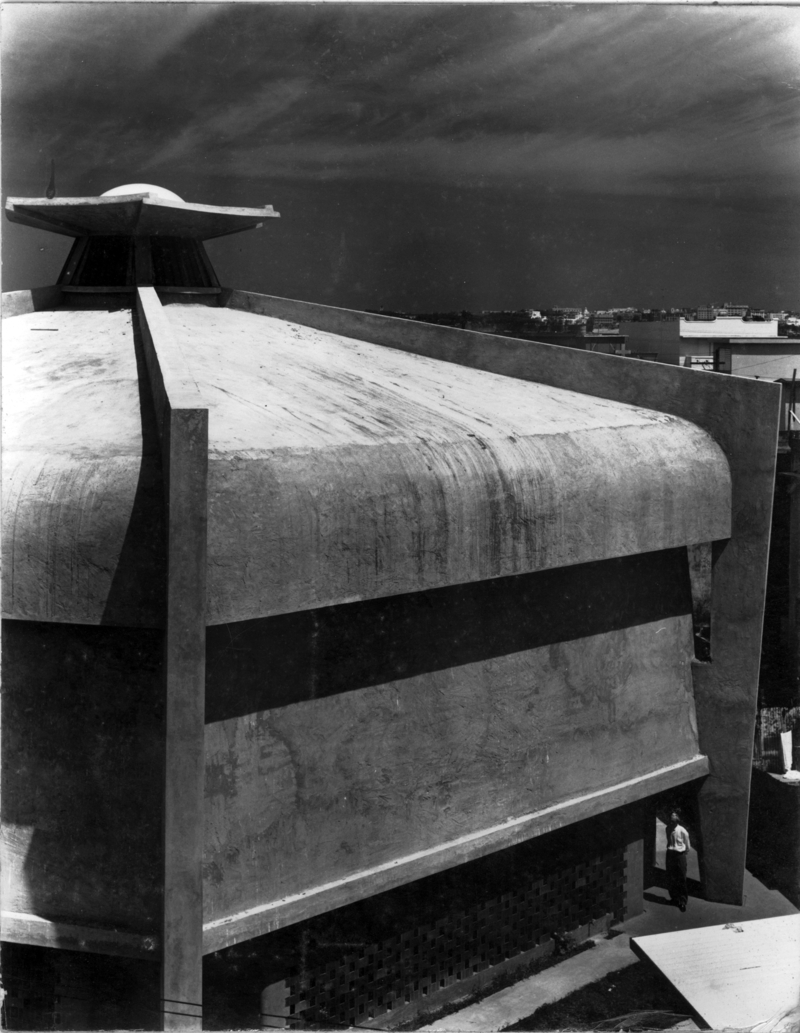Architect Henry Klumb after construction of the church in 1952. Southeast elevation. Source: Henry Klumb Collection, AACUPR