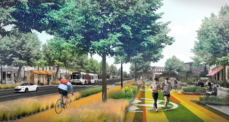  Rendering of walkway and bike path with tall grass landscape features along busy street