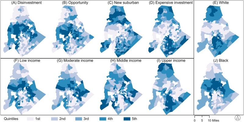Shares of listings classified into different housing classes mapped against the share of low through upper-income mortgage applicants and the share of White and Black applicants in 2016.