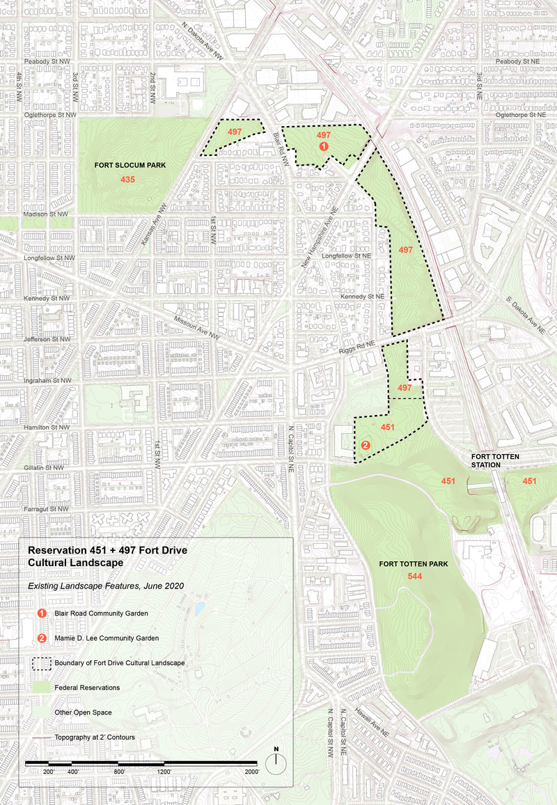  Map of fort drive cultural landscape. Key landmarks are the Blair road and Mamie D Lee cultural garden