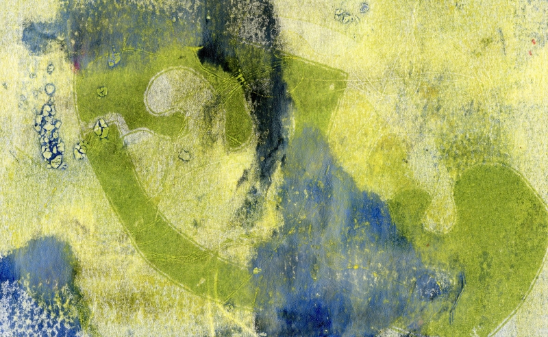 guache in tones of green, blue and black are painted to resemble an earthly landscape