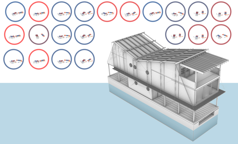 drawing depicting a floating wood structure on a concret hull with small diagrams of orientation optimization study