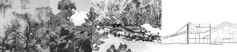 4 Panel image. 1: Chinese painting of mountain 2: Chinese rock garden 3: Chinese painting of village 4: Factory blueprint