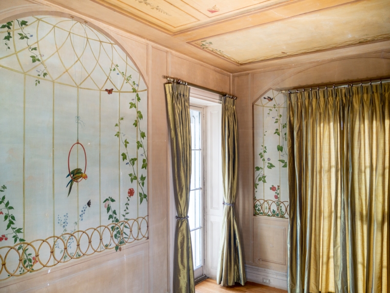 frescoed wall painting, elegantly curtained windows