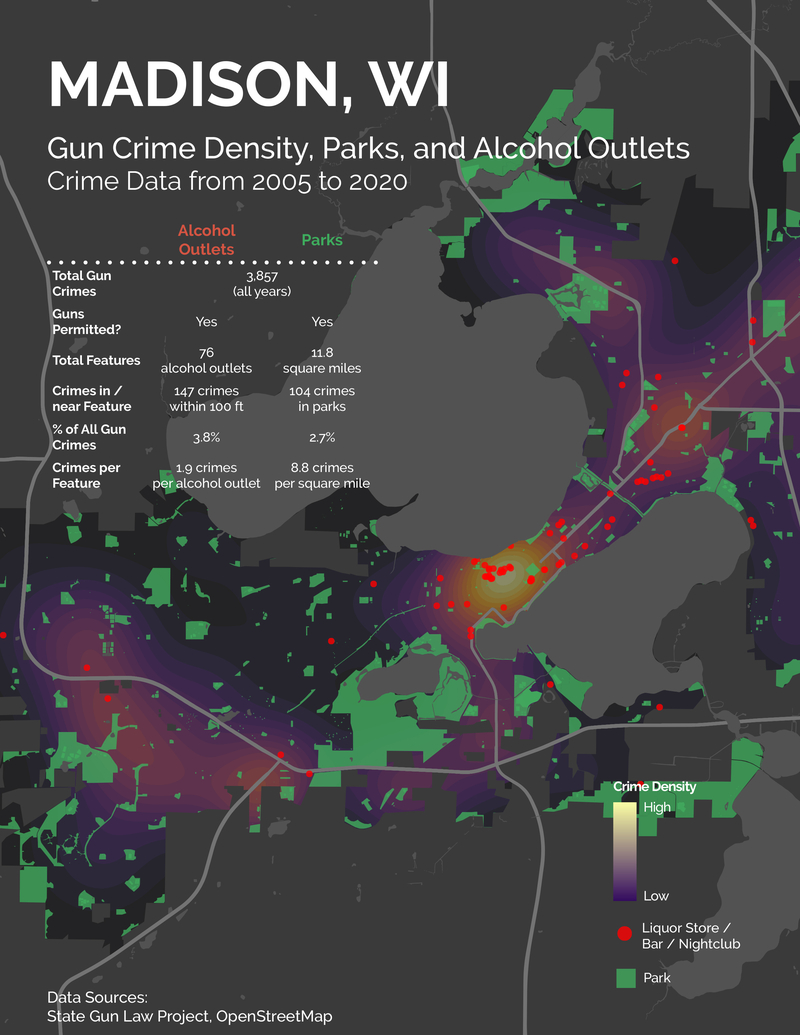  Map of Madison Parks WI showing very loose coralation between gun violence and liquor store locations