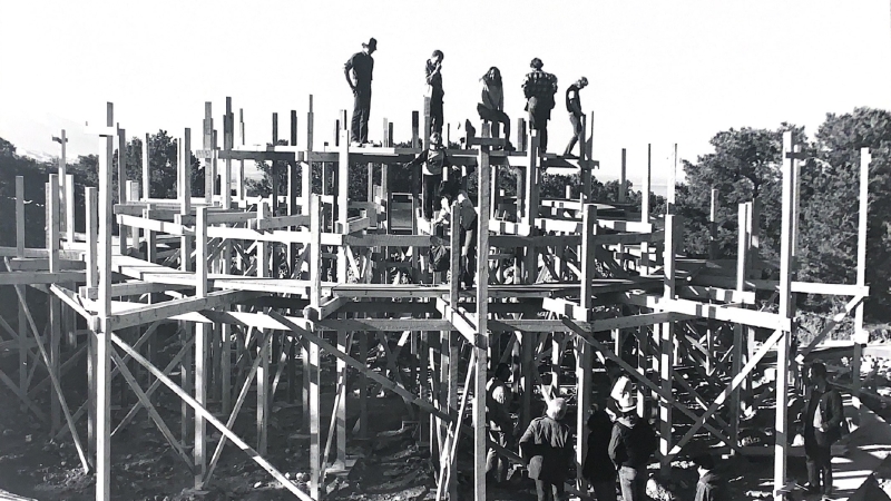 Construction site of the "Grail Chapel" at the Lindisfarne Association in Crestone, Colorado, c. 1981.  Source: William Irwin Thompson Papers, #3793, Box 20. Division of Rare and Manuscript Collections, Cornell University Library