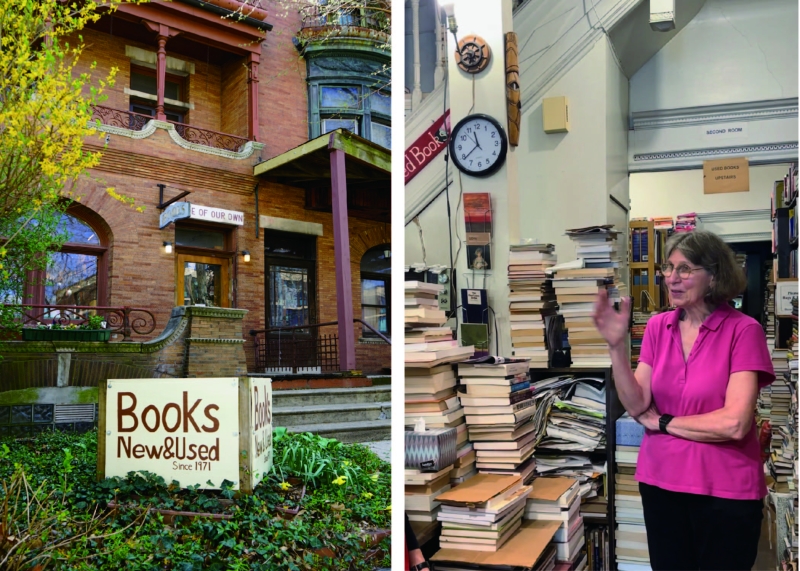 side-by-side of bookstore on left and woman speaking among piled books on right