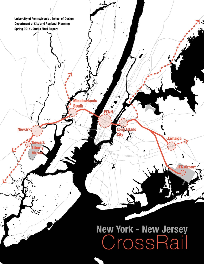 Map of New York/New Jersey area with different rail lines highlighted. Title "CrossRail"
