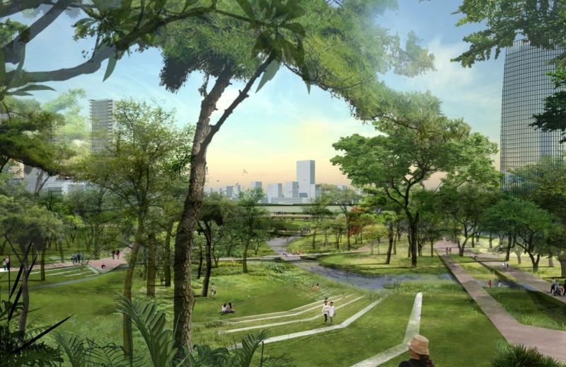 Visualization of architectural project in park area.