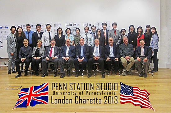 Group photo of project participants. Text: "Penn Station Studio University of Pennsylvania London Charette 2013"