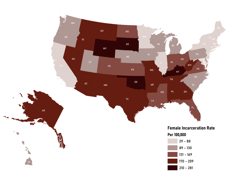 Map of America showing female incarceration rates. Highest rate states are Wyoming, South Dakota, Kentucky, Oklahoma