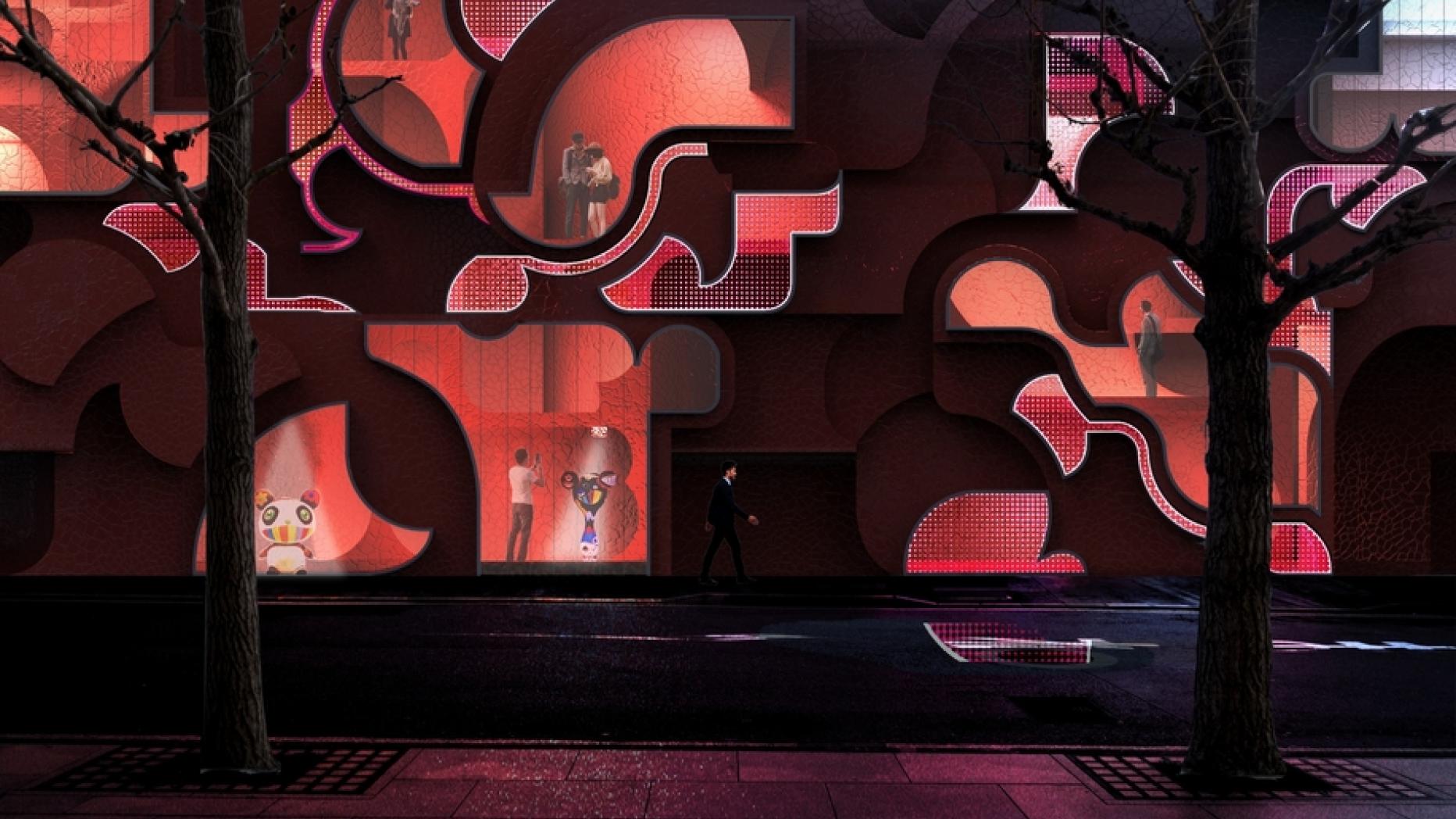 Red illuminated facade punctured by scalloped pattern reveals building occupants