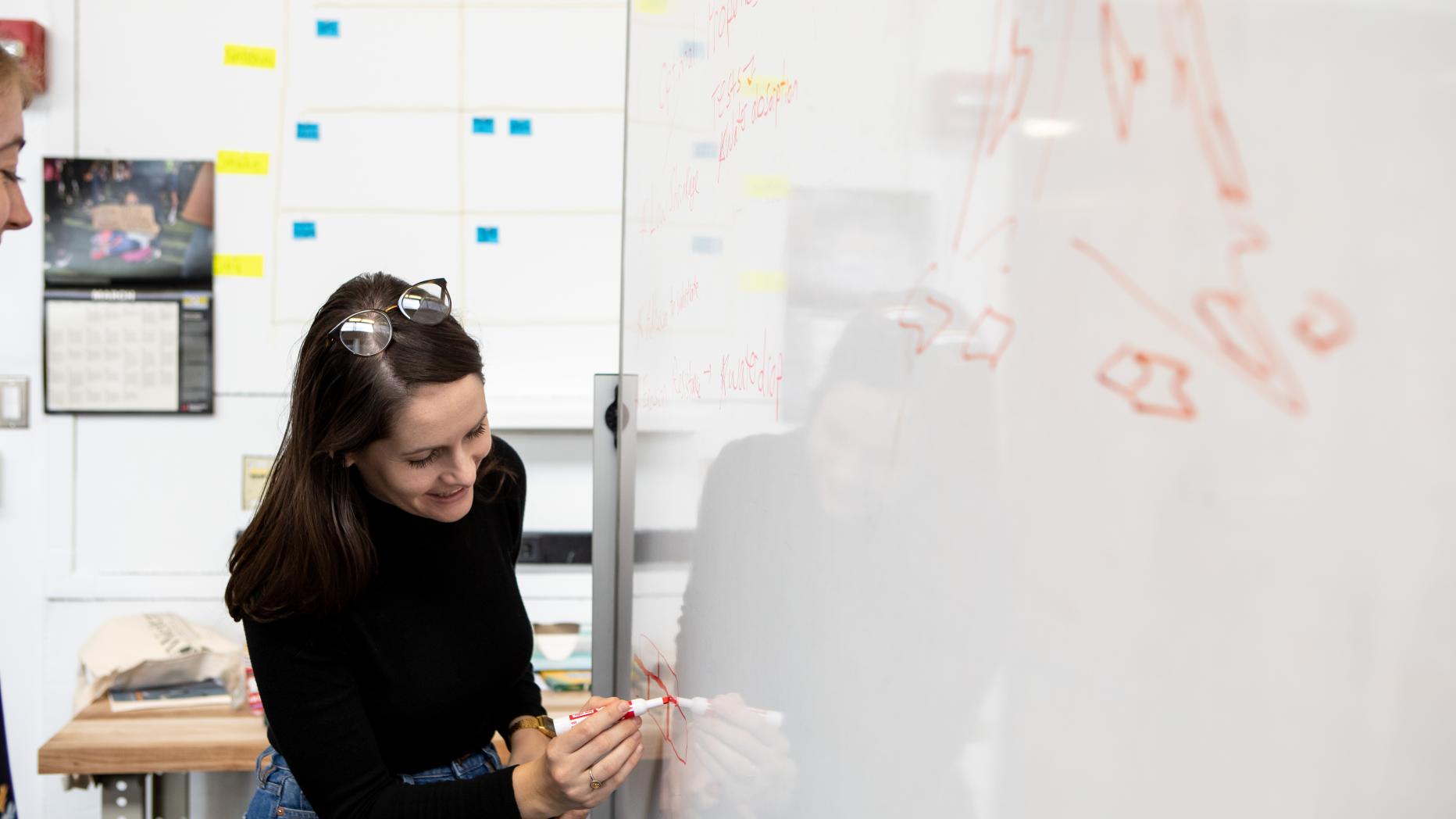 Alison Cavicchio (MSHP ’22) diagrams major themes in her thesis on a whiteboard