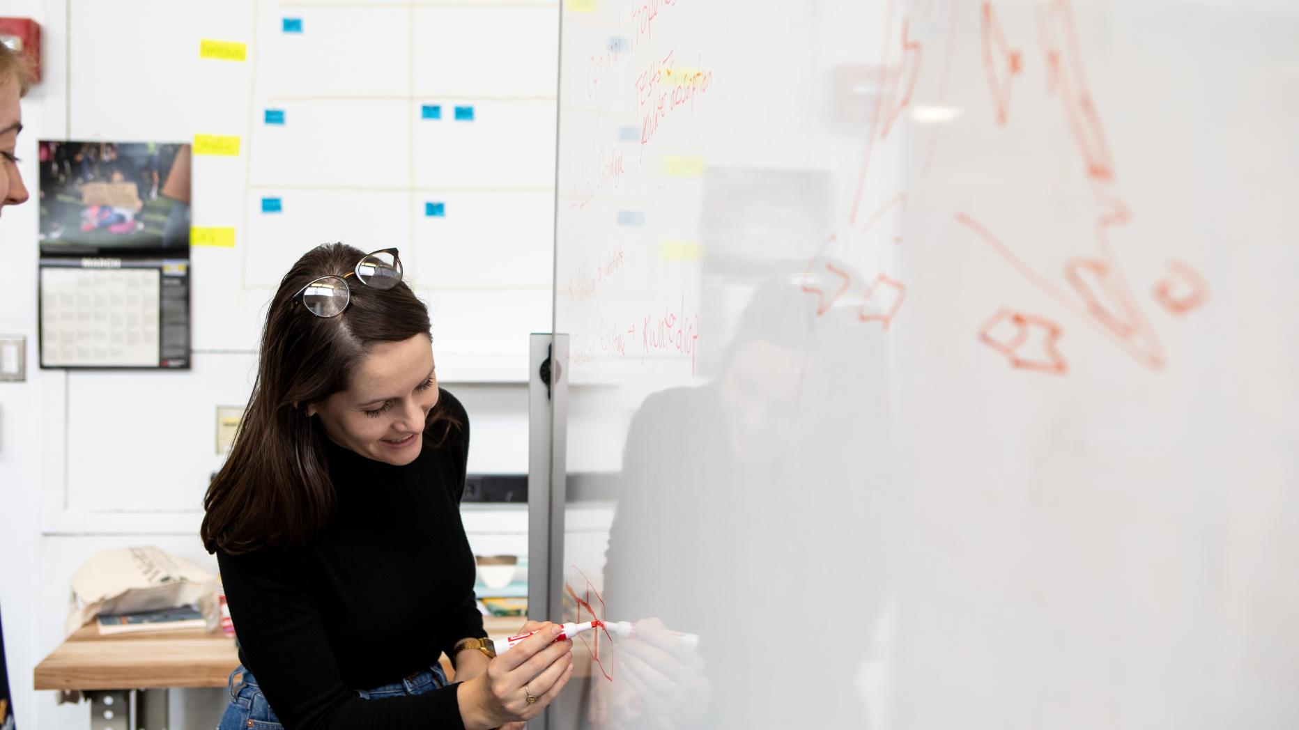 Alison Cavicchio (MSHP ’22) diagrams major themes in her thesis on a whiteboard 