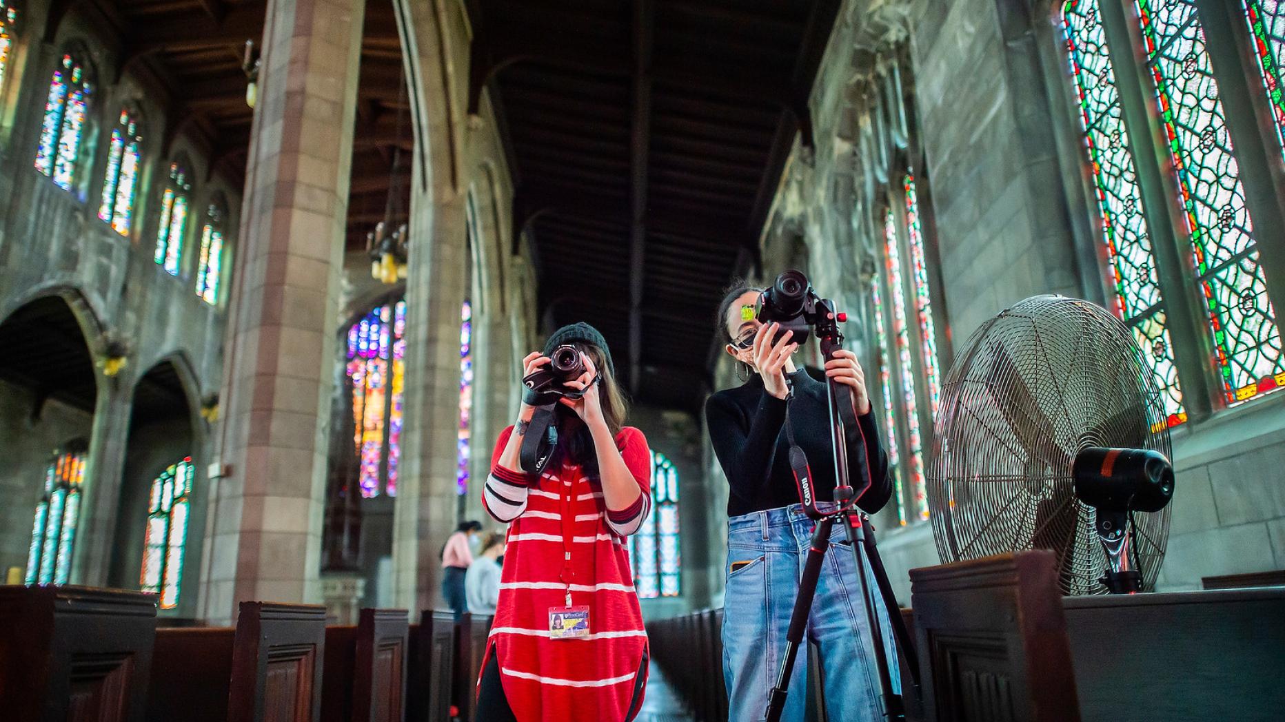 Students Carly Adler and Hillary Morales Robles photograph and document the interior of Holy Apostles and the Mediator Episcopal Church (HAM), a historically African American Parish in West Philadelphia