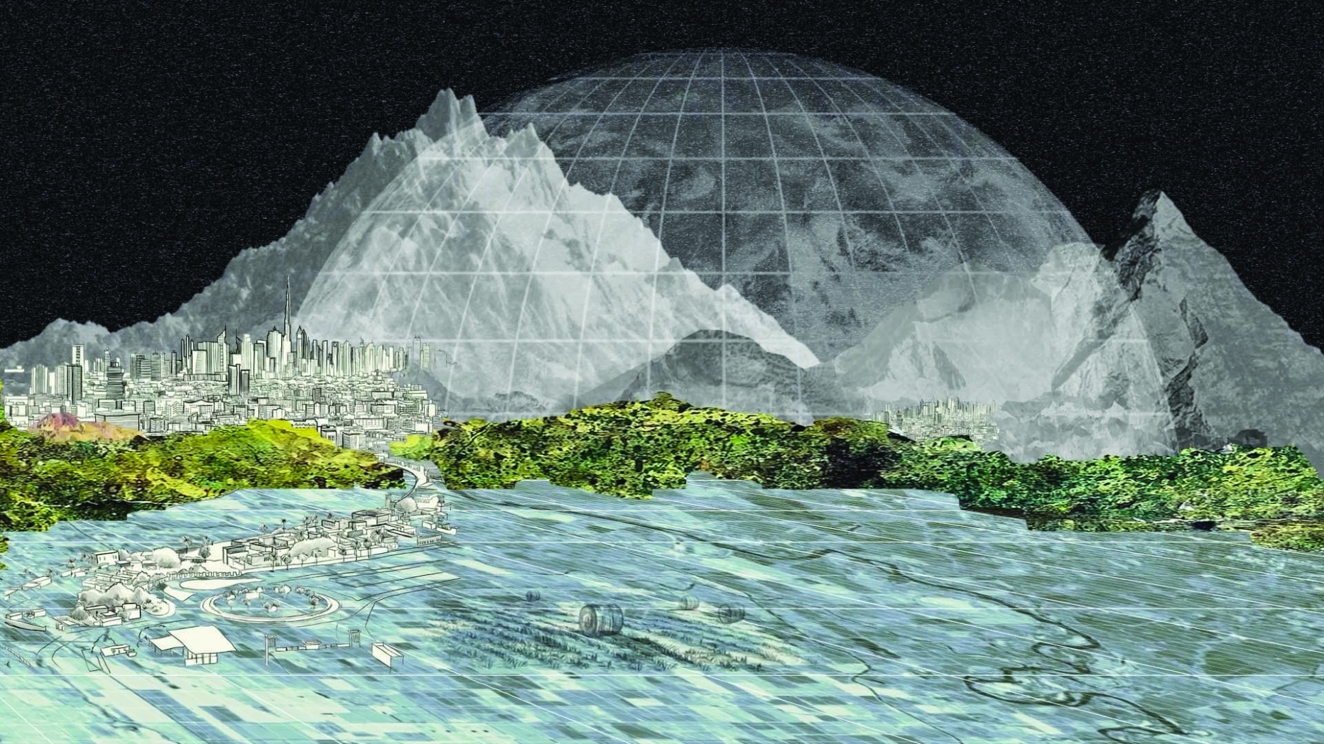 Rendering of a swamped landscape with huge geodesic dome with mountains in the background