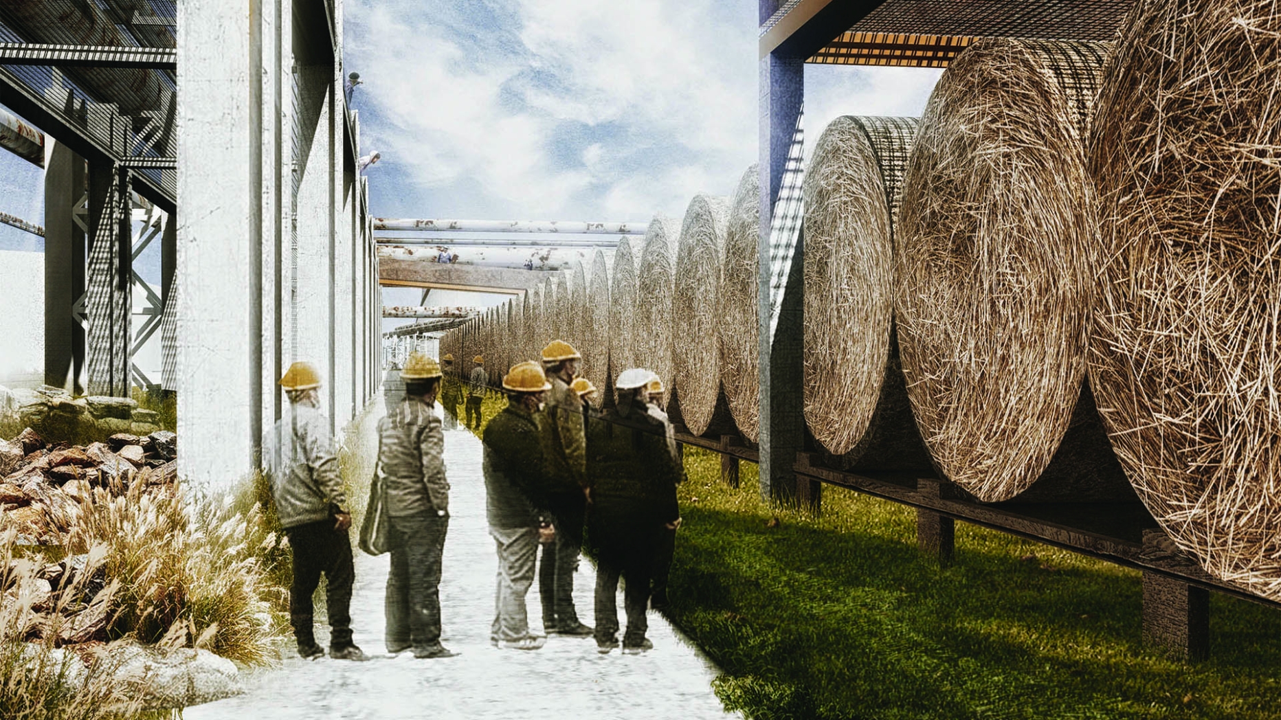 Group of people in hardhats viewing a mechanical device with huge bales of straw