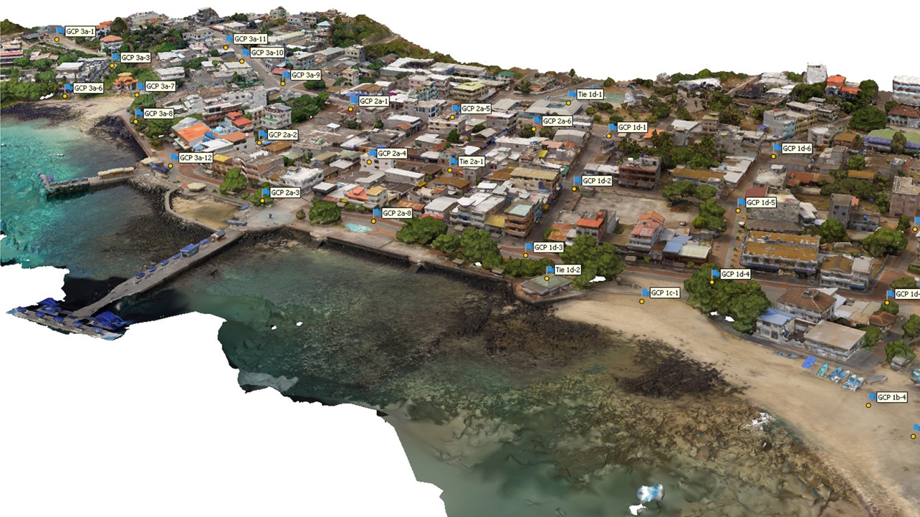 Computer model of low income area along coast line. Different sections of the region are labeled with acronyms and numbers