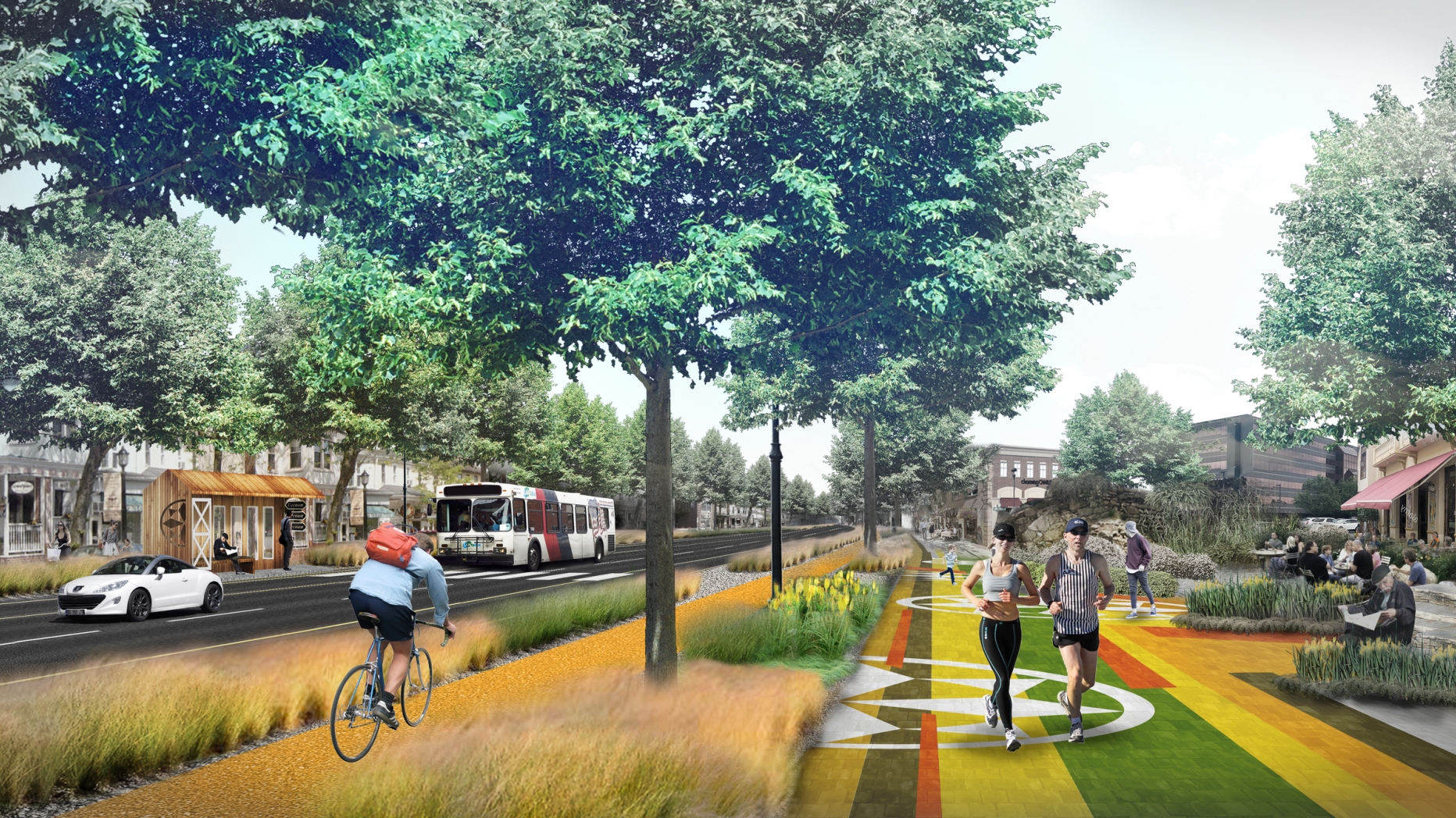  Rendering of walkway and bike path with tall grass landscape features along busy street
