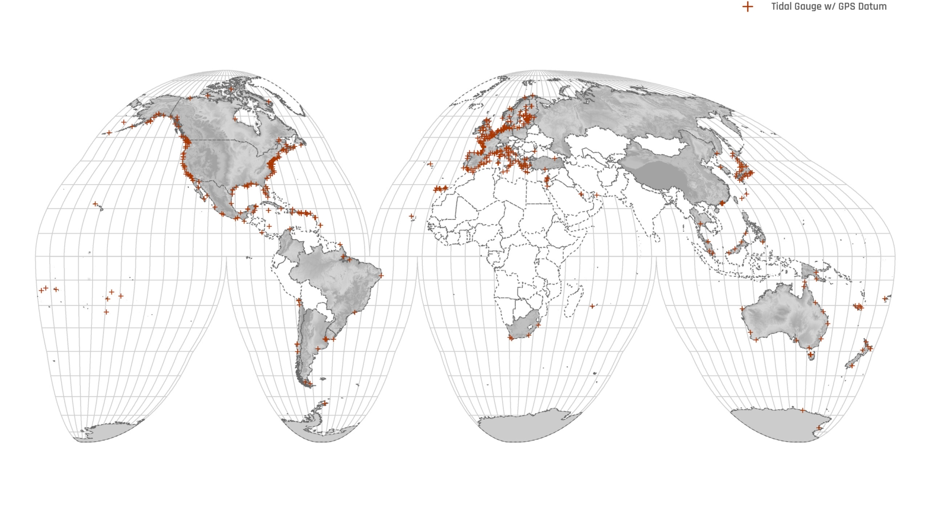 Map showing tidal gauges worldwide, most are groups in America, Europe, China and Japan
